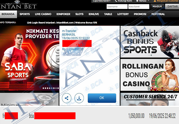 Bukti Kemenangan WD IDR 1.050.000 | Intanbet