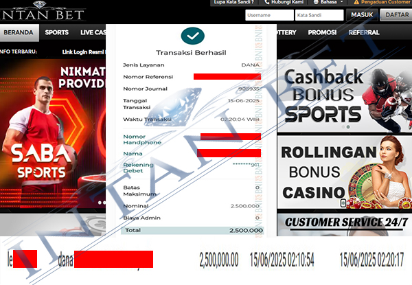 Bukti Kemenangan WD IDR 2.500.000 | Intanbet
