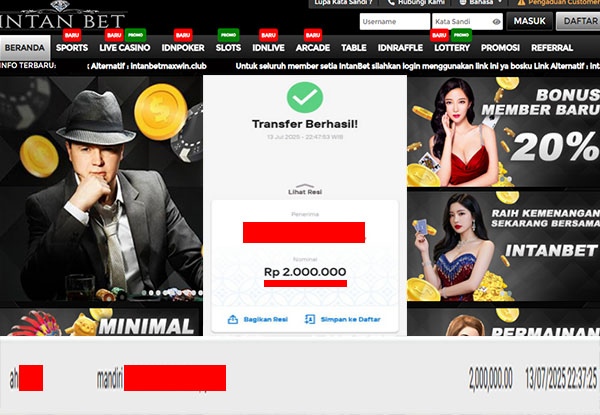 Bukti Kemenangan WD IDR 2.000.000 | Intanbet