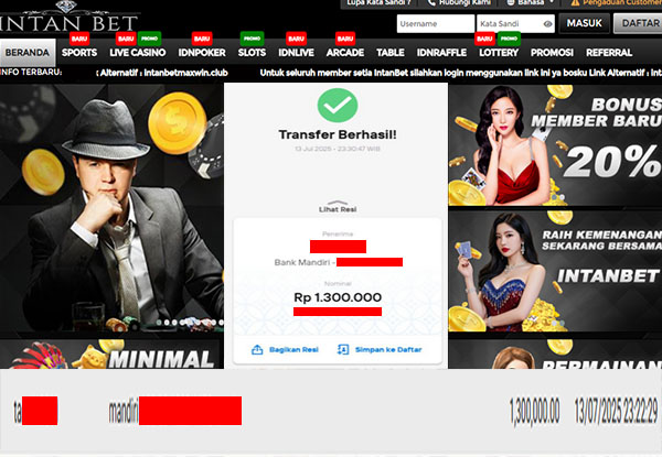 Bukti Kemenangan WD IDR 1.300.000 | Intanbet