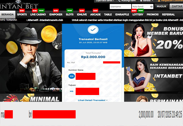 Bukti Kemenangan WD IDR 2.000.000 | Intanbet
