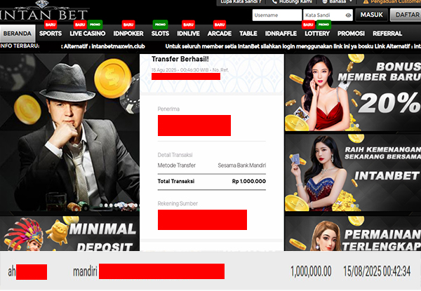 Bukti Kemenangan WD IDR 1.000.000 | Intanbet