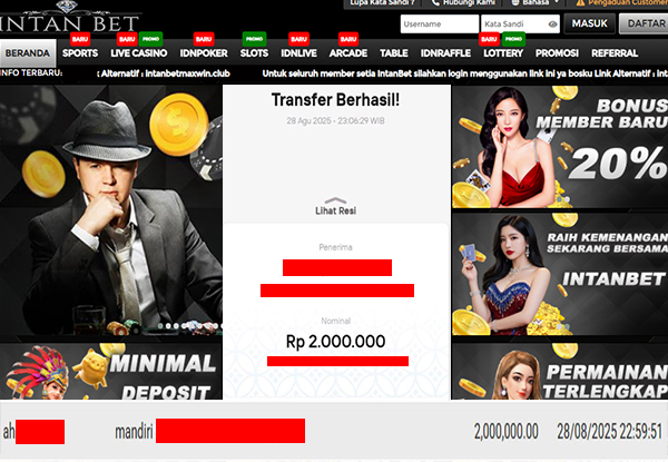 Bukti Kemenangan WD IDR 2.000.000 | Intanbet