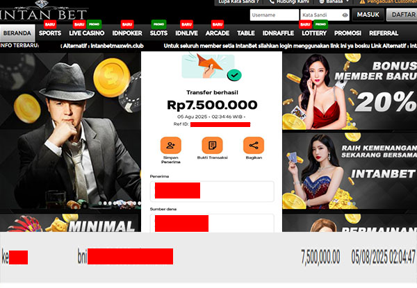 Bukti Kemenangan WD IDR 7.500.000 | Intanbet