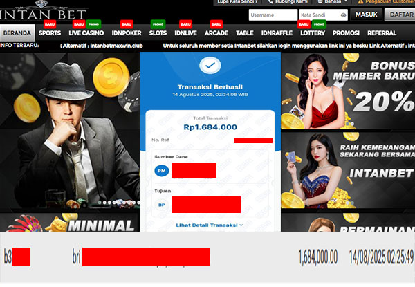 Bukti Kemenangan WD IDR 1.684.000 | Intanbet