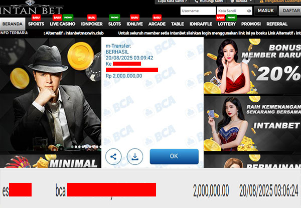 Bukti Kemenangan WD IDR 2.000.000 | Intanbet