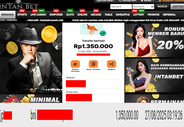 Bukti Kemenangan WD IDR 1.350.000 | Intanbet